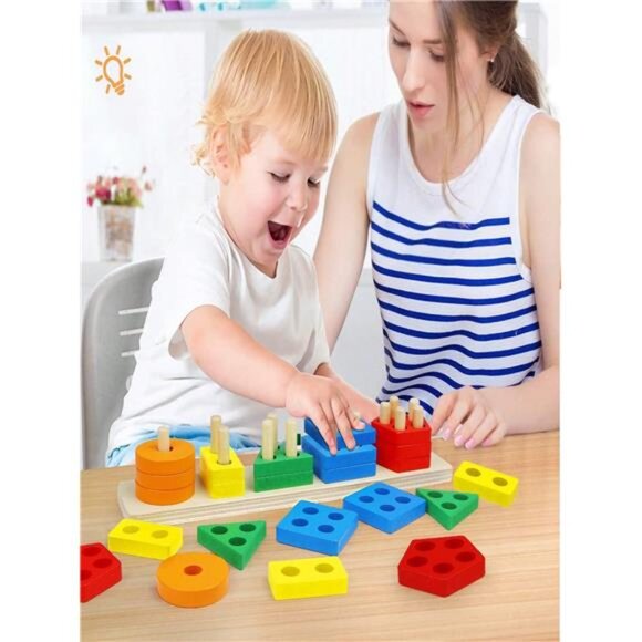 Wooden Geometric Shape Puzzles Blocks, Montessori Early Education Learning Toys - Picture 2 of 9